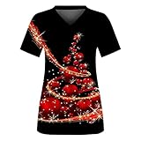 Damen Kurzarm V-Ausschnitt Taschen Pflege Kasack, Weihnachten Drucken Schlupfkasack Berufskleidung Kasacks Schlupfhemd Arzt Uniformen Krankenpflege Pflegeuniform Pflege Bluse T-Shirts Atmungsak