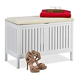 Relaxdays Sitzbank mit Stauraum, gepolstert, 80 l Staufach, Landhausstil, Holz, Sitztruhe HxBxT: 56 x 78 x 39 cm, weiß