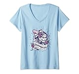 Damen Day Of Dead Totenkopf Blumen Tattoo Maske Sugar Skull Mexiko T-Shirt mit V