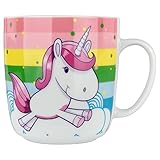 P:os 28275 - Trinkbecher mit trendigem Einhorn Motiv, Tasse für Mädchen mit ca. 400 ml Fassungsvermögen, aus Porzellan, im Geschenkkarton, mikrowellen- und spülmaschinengeeig