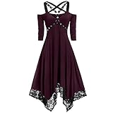 Damen Kleider Retro Gothic Einfarbig Shulterfrei Kleid mit Kreuzriemen Flowy Asymmetrischer Saum Kleid Spitze Spleißen Frauen D