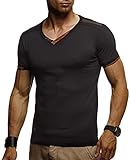 Leif Nelson Herren Sommer T-Shirt V-Ausschnitt Slim Fit Baumwolle-Anteil Moderner Männer T-Shirt V-Neck Hoodie-Sweatshirt Kurzarm lang LN1355 Schwarz X-Larg