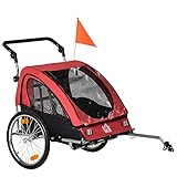 HOMCOM 2 in 1 Kinderanhänger Fahrradanhänger Kinderwagen mit Aufbewahrungstasche zweilagige Stahlrohrverschachtelung Metall Oxford Rot+Schwarz 160 x 84 x 106