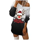 Schulterfrei Weihnachtskleid Damen Kleid Sexy Langarm Longpullover Weihnachten Pullover Xmas Printed Sweatkleid Casual T-Shirts Christmas Kostüm Cocktailkleid Party Kleider Top