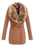 Giolshon Damen Kunstlederjacke Wildleder Lang Moto Biker Wintermantel mit Abnehmbarem Kunstpelzkragen 7922 Kamel L
