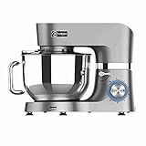 Küchenmaschine 1500W Knetmaschine mit 6,2L Edelstahlschüssel, 6 Geschwindigkeiten, Rührmaschine Teigmaschine inkl. Rührbesen, Knethaken, Schlagbesen, Spritzschutz und Teigschaber Silb