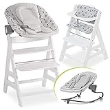 Hauck Alpha Plus Newborn Set mit Premium Bouncer - Baby Holz Hochstuhl ab Geburt mit Liegefunktion - extra flacher Aufsatz für Neugeborene & Baumwolle Sitzpolster - Weiß G