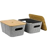 LA JOLIE MUSE Mid-Century Moderner Aufbewahrungskorb aus Tweed-Stoff, 2 Stück, für Würfelregale, Schrank, Bücherregal, Schublade, Mehrzweck-Organizer mit Bambusdeck