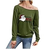 One Line Collar Christmas Shirts for Women, Plus Size Christmas Print Long Sleeve One Shoulder T-Shirt Graphic Sweatshirt, Army Green1, 38