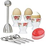 Eierbecher & Knallbonbon Set mit schöner Aufbewahrungsbox - Set beinhaltet 4 Keramik-Eierhalter + 4 SS Löffel + 1 Eierköpfer + Timer - Verwenden Sie den Cutter für hart & weich gekochte E