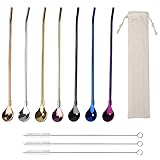 Strohhalm Edelstahl mit Löffel - Metall Strohhalme Trinkhalme Wiederverwendbare, 7St Metall Löffel Strohhalme für Cocktail Latte Macchiato Bubble Tea, B