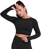 Yaavii Damen Sport Laufshirt Longsleeve T-Shirts Bauchfrei Langarm Crop Top Fitness Oberteile Schwarz M