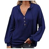 Einfarbiges Langarm-Kapuzenoberteil für Damen Loses V-Ausschnitt Button-Down-Shirt Stylischer Oversized-Pullover mit Kordelzug