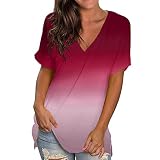 Tshirt Damen V Ausschnitt Sale T-Shirt Damen Sommer Oberteile Elegant Rundhals Print Bluse Basic Shirt Bequem Tunika Tee Tops Streetwear Schlank Hemd für Frühling Herb