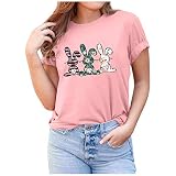 Ostern T-Shirt Frauen Tops Casual Bunny Blumendruck Pullover 3D Animal Graphics Pullover Kurzarm Rundhalsausschnitt Lose Bluse(S,Rosa)
