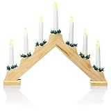 com-four® LED Schwibbogen als Weihnachtsbeleuchtung - Kerzenbrücke mit 7 LEDs - Lichterbogen Pyramide aus Holz - Fensterleuchter mit Timer-Funktion für Weihnachten (01 Stück - 7 LEDs Holz)