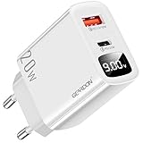 GEARDON USB C Ladegerät mit LCD Digitalanzeige, 20W PD 3.0& QC 3.0 Dual-Port Schnellladegerät Netzteil, Typ c& USB A Stecker Lade-Adapter für iPhone 12 Pro Max, für iPad Air, Tablets, Galaxy, Weiß