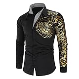 WUGDSQGH Herren Blumen Hemd Langarm Personalisiertes Bedrucktes Hemd Herren Herbst Slim Langarm Gold Schwarz Hemd Herren Social Herren Herren Club Abschlussball Hemd, Schwarz, XXL
