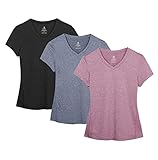 icyzone Damen Sport Fitness T-Shirt Kurzarm V-Ausschnitt Laufshirt Shortsleeve Yoga Top 3er Pack (L, Black/Navy/Rose Wine)