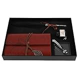 Queen.Y Retro Leder Notizbuch + Füllfederhalter Feder Dip Stift Tinte Flasche Set Briefpapier Geschenkbox (Weiß/Schwarz)