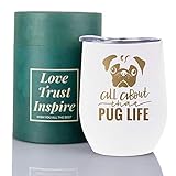 Mops Geschenke für Mops Liebhaber, Hund Mama Papa, Hund Liebhaber Geschenke, 12oz / 350ml Edelstahl Isolierter Weinbecher mit Deckel, Alles über das Mops Leben, Perfekt für Geburtstag, W