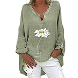 YUSHULINF Damen Plus Size Blumendruck Leinen Blusen Lässige Hedging V-Ausschnitt Lose Tunika Top