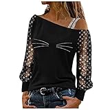 XUNN Damen Tops Printed Strass Schulterfrei Spitze T-Shirt Longshirt Schulterfrei Tshirt Nettogarn Langarm Shirt Bluse Tunika Casual Ob