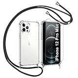 Vauki Handykette Handyhülle und Panzerglas Schutzfolie für iPhone 12 Pro Max mit Band Hülle Transparent Silikon Stoßfest Schutzhülle mit Kordel zum Umhängen für iPhone 12 Pro Max 6,7', Schw