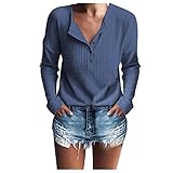 XUNN Damen Tops Langarm T-Shirt Elegante Waffelmuster Gestrickte Henley-Hemdenoberteile Tunika mit Knopf Hemd Lässiger Sweatshirt Herbst Pullover Rundhalsausschnitt Weihnachten Basic Lang