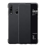 Huawei P30 Lite Hülle, Luxus PU Leder Handyhülle, Smart View Flip Cover Schutzhülle [Energiesparmodus Bieten][Umfassender Schutz](P30Lite, Schwarz)