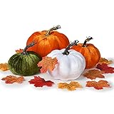 YQing 4 Stück Fälschung Kürbis Halloween Kunstschaum Mini Kürbisse, 50 Stück Ahornblätter Halloween Thanksgiving Herbst Ernte Kürbis Dekorationen Requisiten (Orange & Weiß & Blau, 4Pcs)