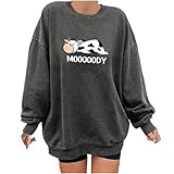 Masrin Damen Sweatshirt Damen Herbst Winter Kuh Print Pullover Plus Size Vintage Tops Langarm O-Ausschnitt Lose Bluse(XL,Dunkelgrau)