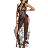 Women's Sleepwear Frauen Dessous Sexy Spitze Nachthemd Lange   Hohe Schlitz Unterwäsche Sets Lenceria Нижнее Белье Frauen Nachthemden Satin Lace-A_One_S