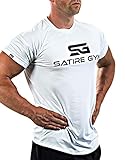 SATIRE GYM® - Fitness Slim Fit T-Shirt Herren/Funktionelles & schnell trocknendes Sportshirt Heren Kurzarm – Herren Fitness Shirt als Bodybuilding Shirt & Workout Gym Shirt (L, weiß - SG Print)