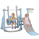 4-in-1 Kleinkinderrutsche und Schaukel, Spielset mit Basketballkorb, extra lange Rutsche, einfach aufzubauende Babyrutsche für drinnen und draußen, freistehende Rutschen (blau)