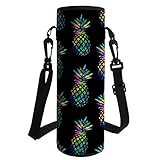 GIFTPUZZ Trendy Ananas Wasserflaschenträger Weinflaschenhülle Neopren Molle mit Schultergurt Freihändig Trinkflaschentasche Kühltasche Isolierte Tasche für Glasflaschen 1000-1200ml Schwarz Grü