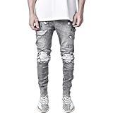Fainash Herren Biker Jeans Ripped Patchwork Trendy Streetwear Washed Persönlichkeit Lässige Stretch Bequeme Jeanshose S