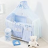 Bello24 - 19 Teiliges Babybett Kinderbett und Bettwäsche komplett Set TIMI mit intrigierten rausfallschutz höhenverstellbar für Neugeborene Babys und Kleinkinder (Blau)