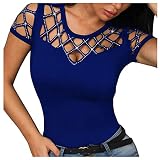 Xmiral Damen Kurzarm Tops Sommer Rundhals Hohlperlen Strasssteine Einfarbig Sexy Slim T Shirt (Blau, XL)
