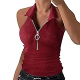 Briskorry Damen Sexy Kurz Tops Neckholder Ärmelloses Crop Top Tiefes V Umlegekragen Tank Oberteil mit Reiß