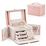 Vlando Faux Leather Jewellery Box, Hochleistungs-Schmuck-Organizer Aufbewahrungsbox mit 3 Schubladen für Armbänder, Ohrringe, Ringe, Halsketten für Weihnachtsgeschenk, Geburtstagsgeschenk zur Hochzeit (Pink)