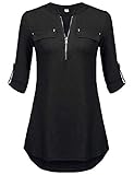 Longshirt Damen Sommer V-Ausschnitt Ärmel Hochkrempeln Bluse Casual Shirt Tunika (A_schwarz,XXL)