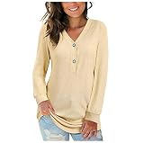 Damen Pure Color V-Neck Button Causal Long Sleeve Tops Bluse Loose 5340 s-XXL große größen 2er Pack baumwollblusen gr 54-56 schwarz u-Boot einfarbig Pep