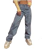 Streetwear Mode Casual Denim Hose Damen Retro Blau Jeanshose Gerader Schnitt Straight Jeans Hose High Waist Weite Beine Hose Pants Trend Boyfriend Jeanshosen Baggy Vintage Harajuku Weite Bein H