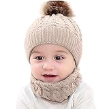 MayJuly Mütze & Schal Sets für Baby,Strickmütze mit Bommel Frühling Mützchen Geeignet krempe Winterhüte Kindergarten Mü
