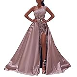 Onsoyours Damen Abendkleid Chiffon Schulterfreie Kurzarm Brautjungfernkleider Maxikleid Festliche Langes Kleider Tüll Brautjungfer Hochzeit Cocktailkleid Partykleid C Rosa S