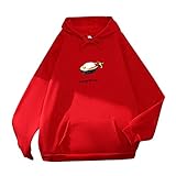 Xmiral Damen Kapuzenpullover Süßer Cartoon-Druck Sweatshirt Herbst Winter Tunnelzug Hoodies mit Tasche(i Rot,XL)