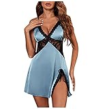 Damen Spitze Nachtkleid V-Ausschnitt Satin Schlafanzug Kurz Sexy Pyjama Schlafanzug Ärmellos Babydoll Dessous Kleid Negligee Cami Top Lingerie Reizwäsche Sleepw