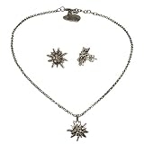Alpenflüstern Trachtenschmuck-Set Trachtenkette und Ohrstecker Strass-Edelweiß klein - Damen-Trachten-Schmuck, Trachtenset Dirndl-Kette und Trachten-Ohrringe antik-Silber-Farben SET031