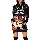 RKaixuni Damen Shirtkleid Kawaii Elch Weihnachtskleid Hoodie Kleid mit Kapuze Winterkleid Rundhals Kurz Langarm Kleider Tunika Sweatkleid Blusenkleid Hemdkleid Minikleid Dirndl D